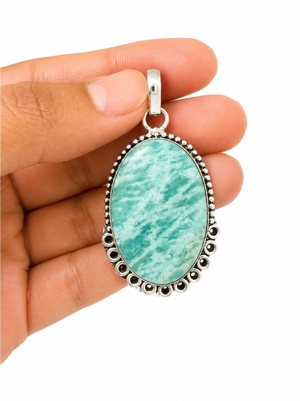 925 Sterling Silver Stamped Amazonite Oval Pendant